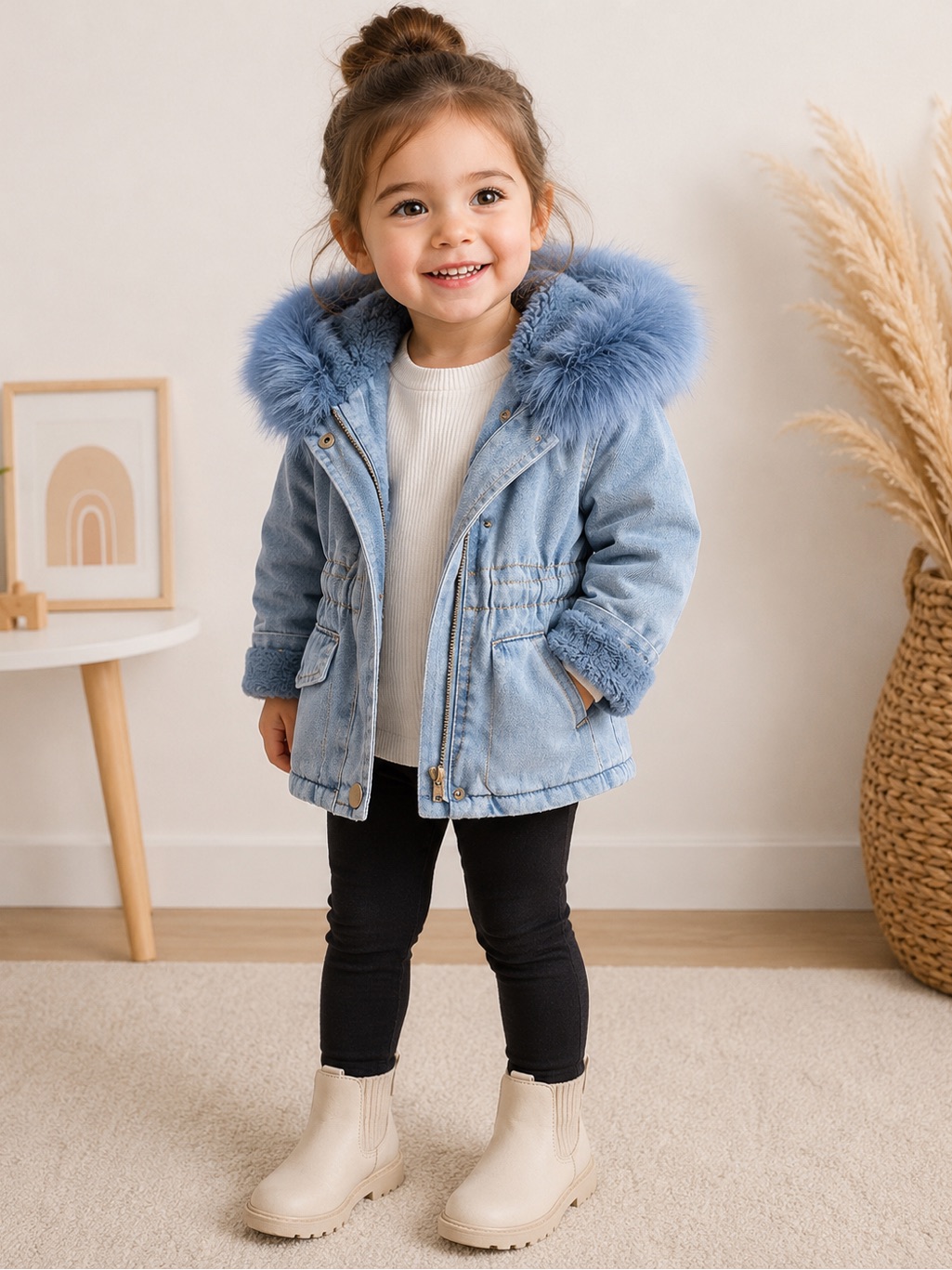 Alex + Nova Holly Denim Blue Faux Fur Hooded Winter Coat Jacket